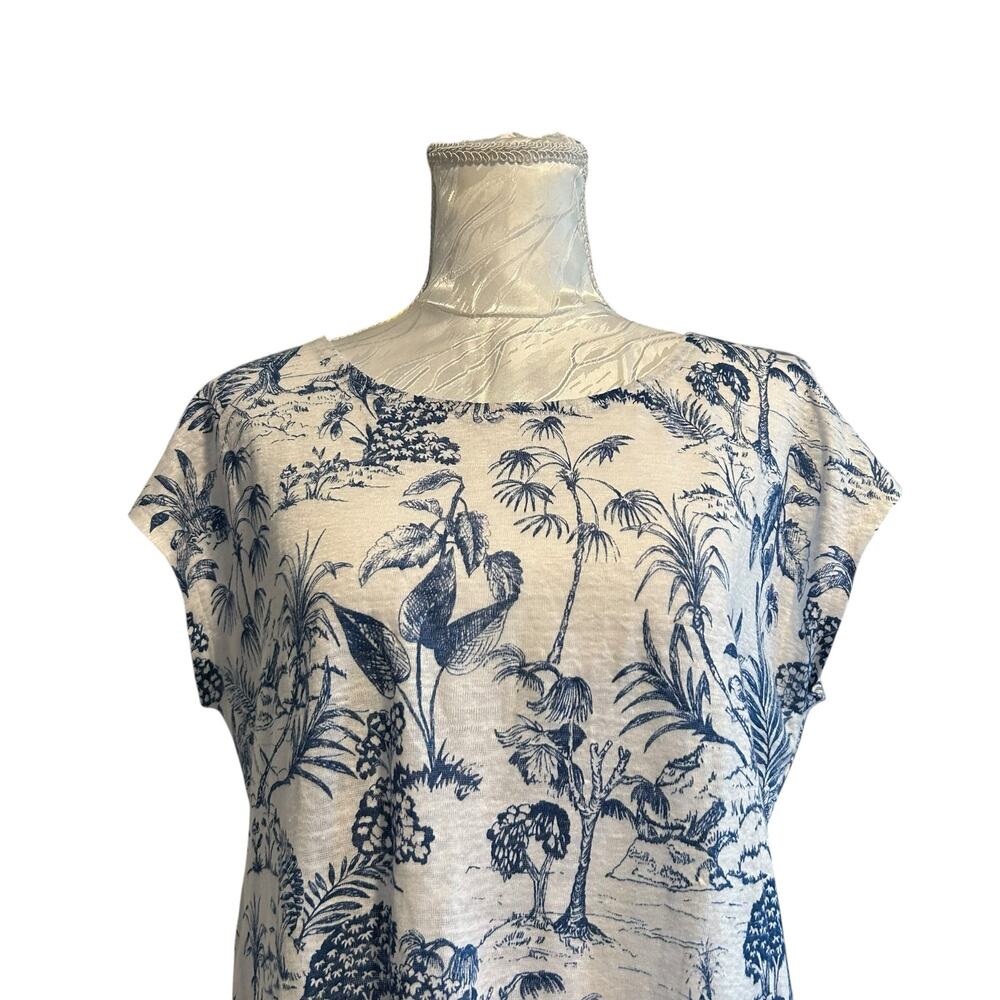 Blue White Linen Tropical Toile Print Cap Sleeve Top Coastal Grandmother S - Picture 6 of 13